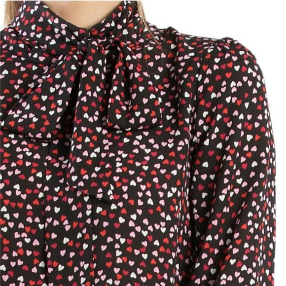 REVIEW Scattered Hearts Black Red Pink Love Heart Long Sleeve Office Blouse Top - Picture 4 of 8
